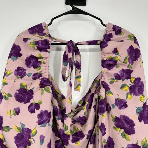Nasty Gal Dress Purple Floral Print Balloon Sleeve Ruched Mini NWT - Picture 8 of 12